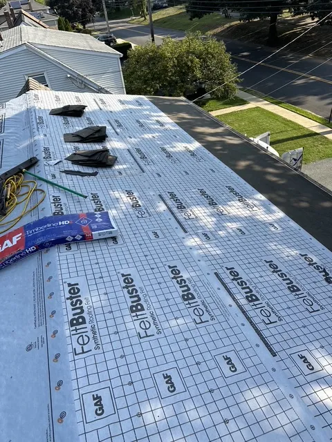 GAF FeltBuster synthetic underlayment and Timberline HD shingles being installed in Pompton Plains NJ